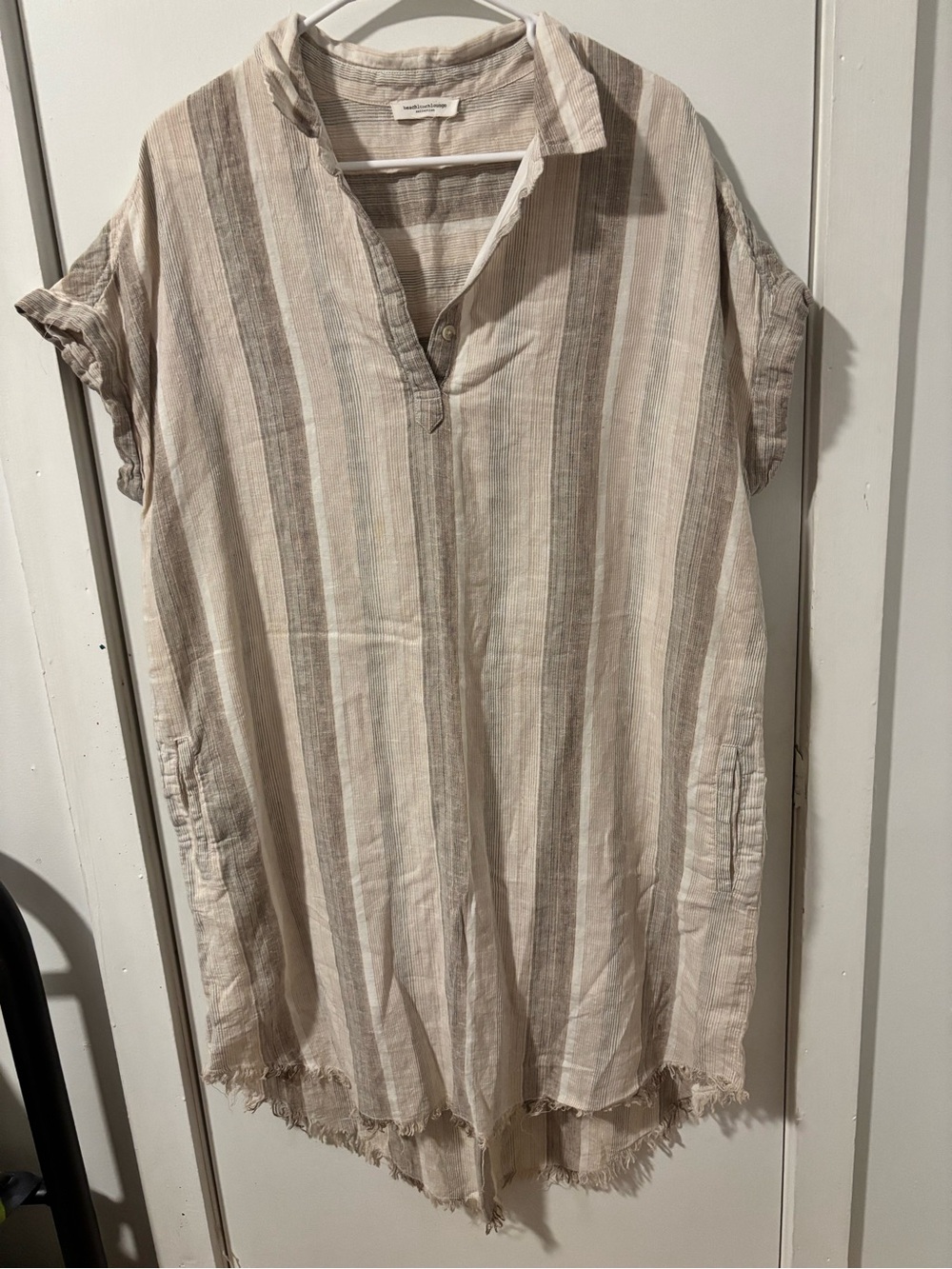 beachlunchlounge Beige and Taupe Striped Linen Tunic